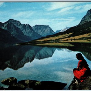 c1960s St. Mary, MT Saint Mary Lake Glacier Park Lovely Lady Woman Girl Red A222
