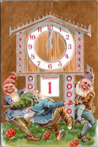 Happy New Year Postcard Gnomes Dancing Around a Clock at Midnight Mushrooms