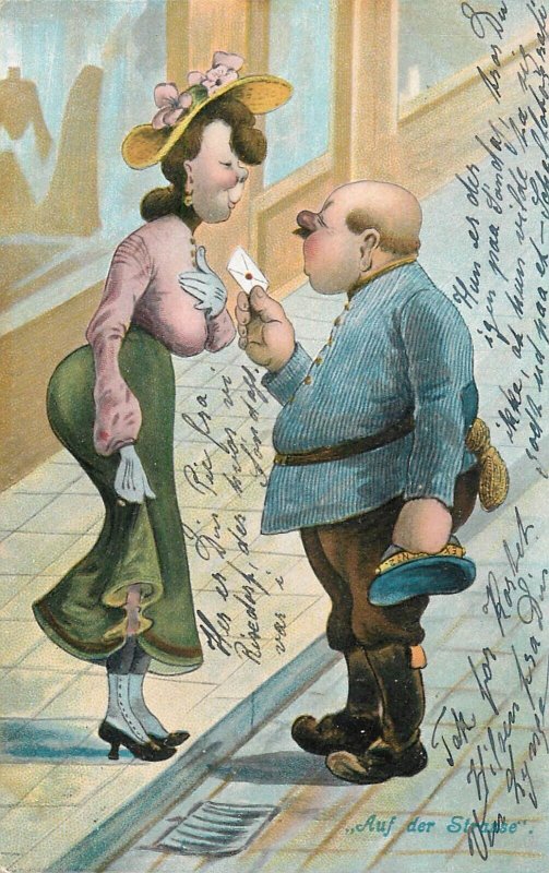 Lot of 4 vintage comic couples caricatures postcards Denmark 1905-1906