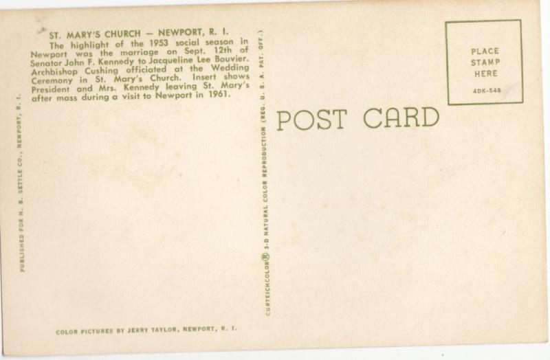 St. Mary's Church, Newport, RI, John F. Kennedy Marriage location, Postcard