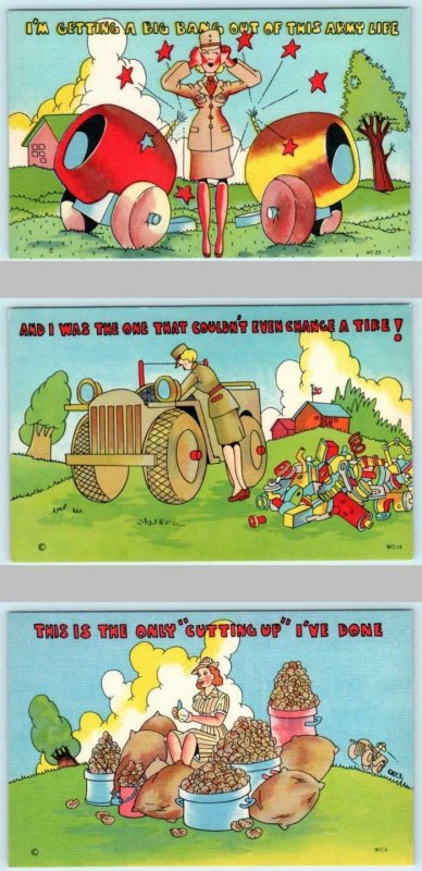 3 Postcards W.A.C. WOMEN'S ARMY CORPS Army Life, Peeling Potatoes, Jeep Repair