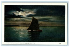 c1930's Moonlight Sailing On Green Bay Wisconsin WI Posted Vintage Postcard