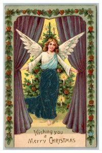 Vintage 1910's Christmas Postcard Angel Xmas Tree Purple Curtains Pine Border