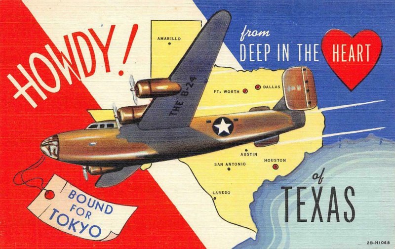 Howdy! Deep in the Heart of TEXAS WWII B-24 Plane c1940s Linen Vintage Postcard