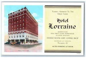 Toledo Ohio OH Postcard Hotel Lorraine Building Exterior c1920 Vintage Antique