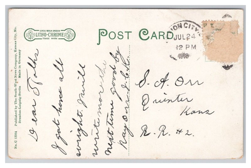 Junction City Kansas Public Library Postcard c1908 Postmark