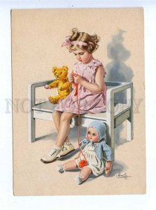 195910 Charming Girl w/ TEDDY BEAR & Doll Vintage postcard