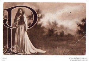 Large Letter Initial P Art Nouveau Lady (actress) with Harp , PU-1907