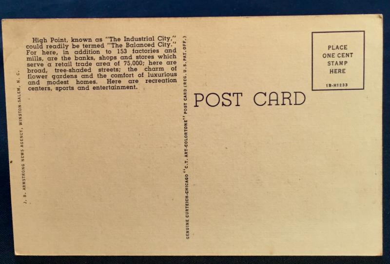 Postcard Linen Unused Post Office  High Point NC LB