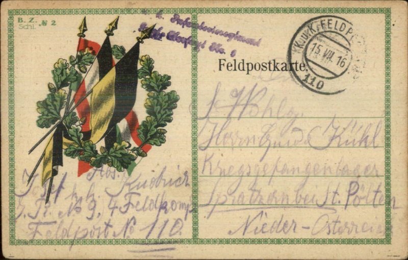WWI German Flags & Wreath Military Feldpost Cancel 1916 Postcard 