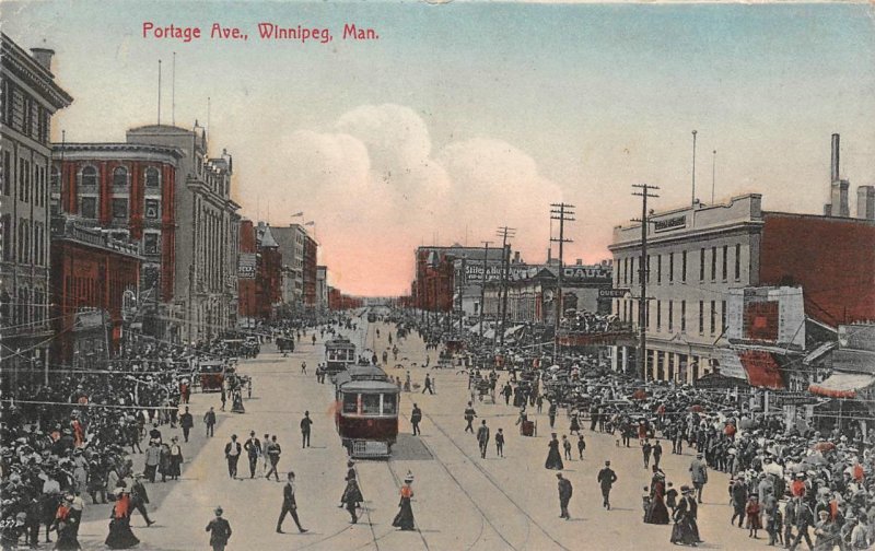 Portage Avenue Street Scene Winnipeg, Manitoba Canada 1911 Hand-Colored Postcard