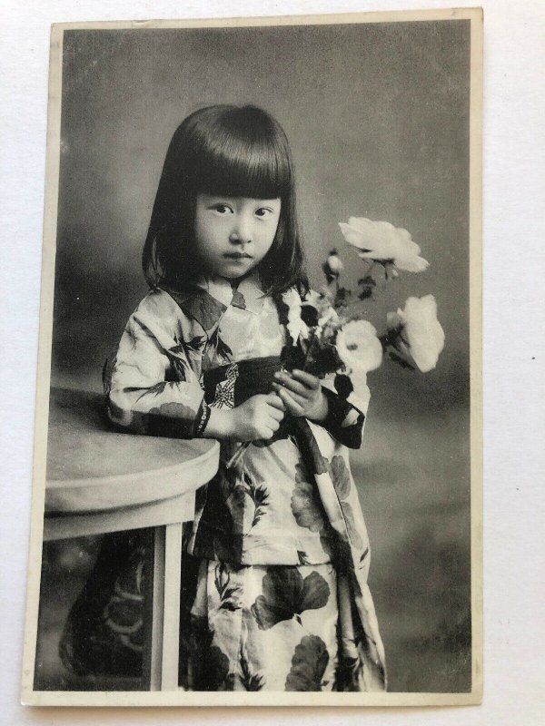 C1900 Japanese Child Holding Flowers RPPC Postcard