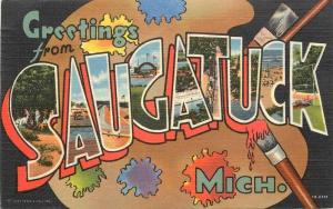 1951 Large Letters Multi Parrish Saugatuck Michigan Postcard linen Teich 12462