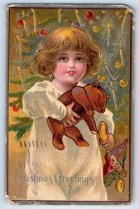 Christmas Postcard Greetings Cute Little Girl With Toys Embossed New York NY