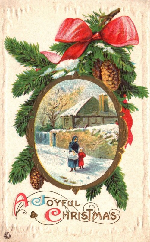 Vintage Postcard A Joyful Christmas Greetings Card Mother and Daughter in Snow