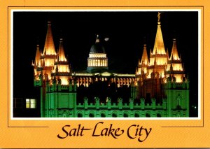 Utah Salt Lake City Temple Spires and Capitol Dome At Night