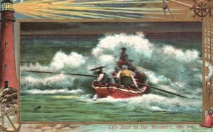 1909 Life Boat in the Breakers Men Rowing in Rapids Painting Vintage Postcard