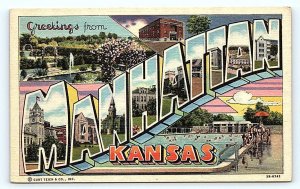 MANHATTAN, KS Kansas~ Large Letter Linen 1940s Swimming Pool Curt Teich Postcard