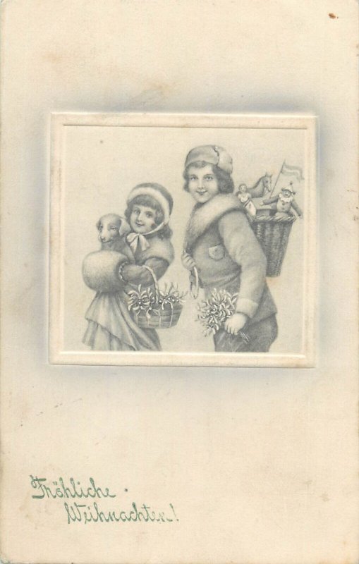 Winter seasonal Christmas greetings 1913 lovely drawn children & toys fantasy 