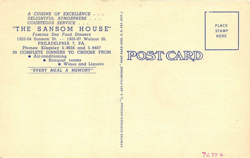 Philadelphia Pennsylvania 1940s Postcard Sansom House Sea Food Restaurant