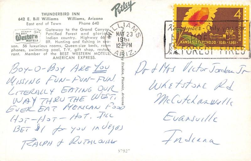 Williams Arizona~Thunderbird Inn on Route 66 & 89~Note on Back~1961 Postcard