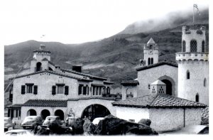 Scottys Castle Death Valley Exterior with Old Cars 1941 RPPC Postcard Repro