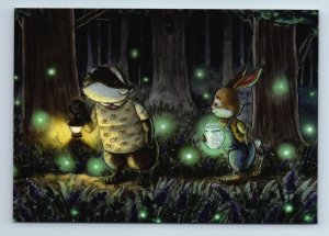 CHIPMUNK n RABBIT Night Forest fireflies Best friends by Malyauka New Postcard