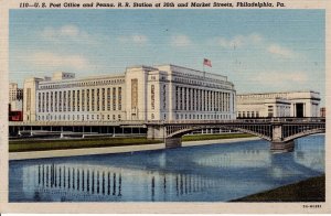 USA Postcard 1946 Posted Philadelphia Post Office and RR Station Market St Linen