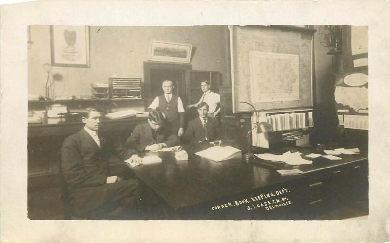 c1920 RPPC; Corner Book Keeping Dept, J.I. Case T.M. Co. Des Moines IA unposted