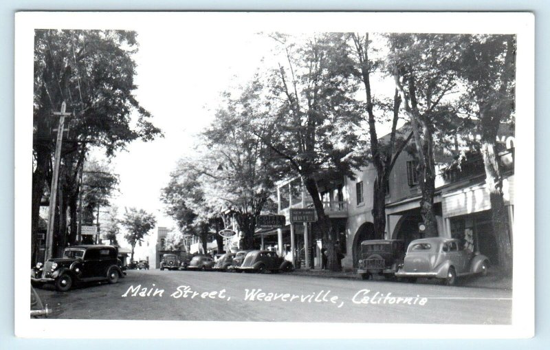 RPPC WEAVERVILLE, CA California ~ MAIN STREET SCENE 1941 Old Cars Postcard