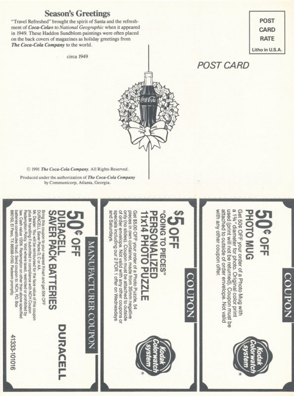 Coca Cola - Sant Claus - Postcard and Attached Coupons 1992 Advertising