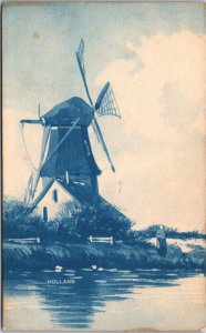 Netherlands Dutch Blue Landscape Holland Windmill Vintage Postcard 09.14