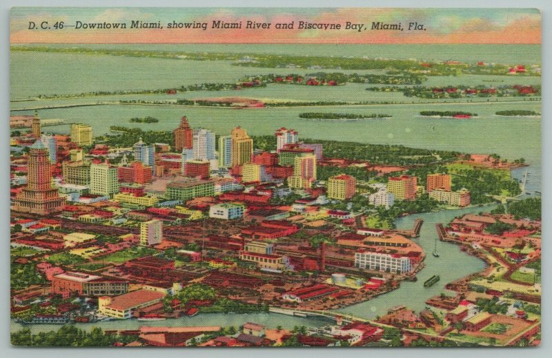 Miami FL~Downtown Miami Miami River & Biscayne Bay From Air~Vintage PC