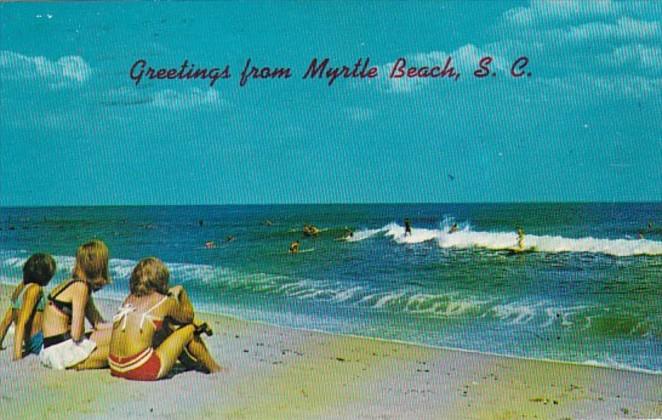 South Carolina Greetings From Myrtle Beach Girls Watching Surfers 1972