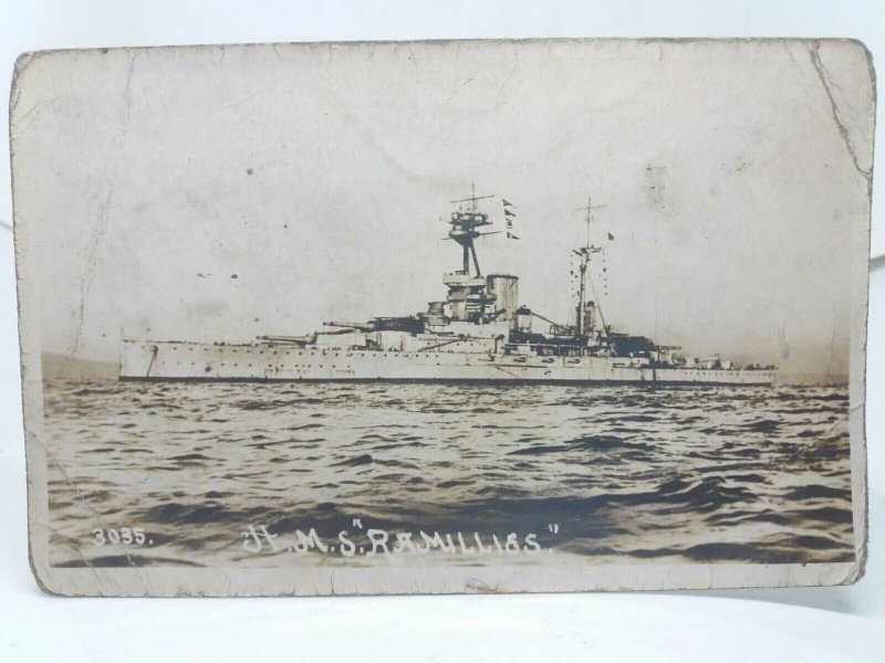 HMS Ramillies Royal Navy Battleship at Sea Vintage Postcard