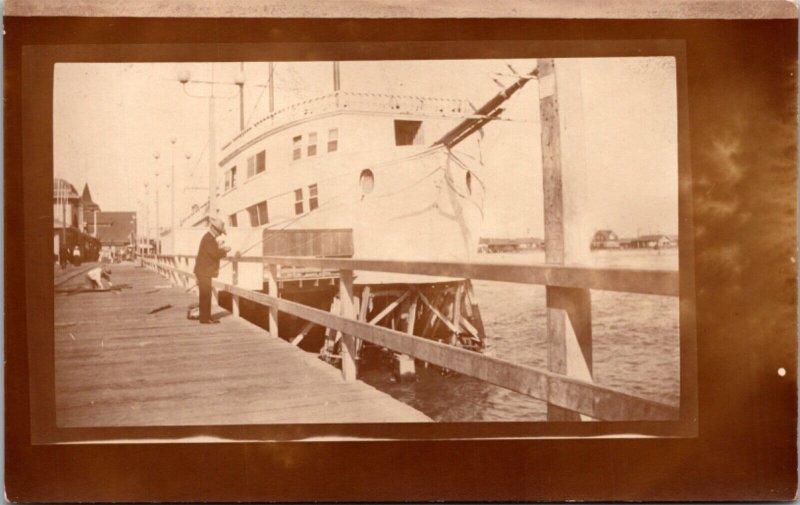 Real Photo Postcard Ship at Dock, Men Fishing in Venice, California