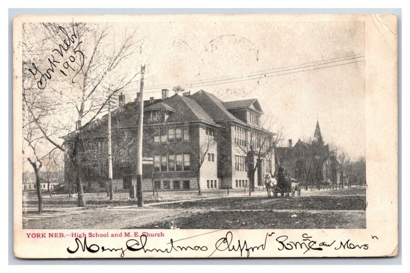 High School and Methodist Episcopal Church York Nebraska 1905 UDB Postcard V16