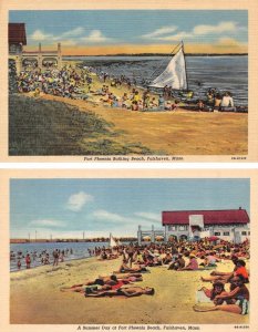 2~Postcards  Fairhaven, MA Massachusetts  FORT PHOENIX BEACH Sunbathers~Pavilion