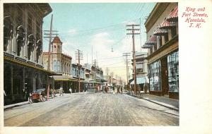 Vintage Postcard King and Fort Streets Honolulu HI T.H. Trolley Wall & Nichols