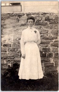 Young Woman Long White Floral Dress with Belt And Necklace - Vintage Postcard