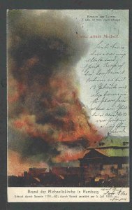 1908 PPC* Disaster Famous Michaels Church Burns Built In 1751-62 Hamburg Germany