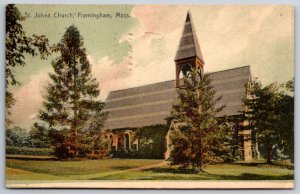 Framingham Massachusetts~St Johns Church Exterior View~PM 1911~Vintage Postcard