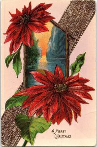 c1910 MERRY CHRISTMAS POINSIETTA SCENIC KENNESAW NE EMBOSSED POSTCARD 39-233