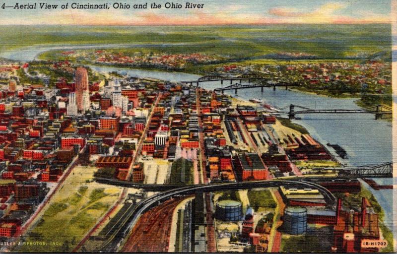 Ohio Cincinnati Aerial VIew Showing Ohio River 1949 Curteich
