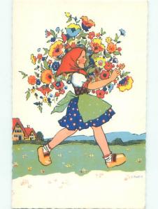 foreign Pre-1980 signed GIRL HOLDS GIANT BUNCH OF FLOWERS AC6810@