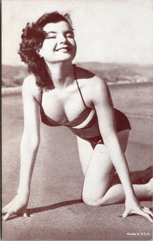 Arcade Card Postcard Risqué Sexy Pin Up Woman Wearing Bathing Suit Beach~138773