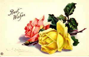 Best Wishes - Pink and Yellow Roses - Artist Signed - c1908