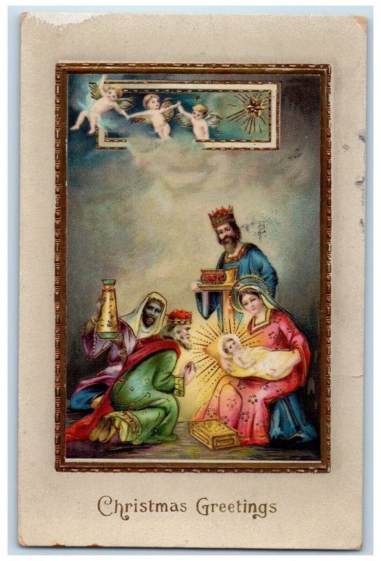 1914 Christmas Greetings Religious Gel Gold Gilt Glenview Illinois IL Postcard