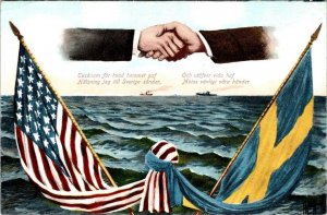 United States US GREETINGS To SWEDEN Flags & Clasped Hands ca1900's Postcard