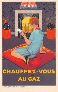 GAS FIREPLACE WOMAN LETTER CHAUFFEZ VOUS AU GAZ ADVERTISING POSTCARD (c.1920)